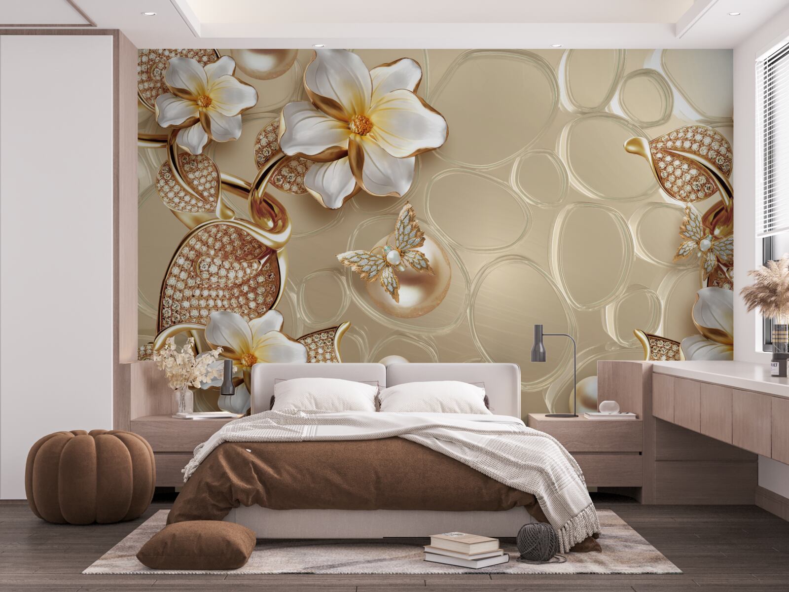 Fototapeta z pereł na jedwabiu rozwijają się gałęzie z białymi kwiatami