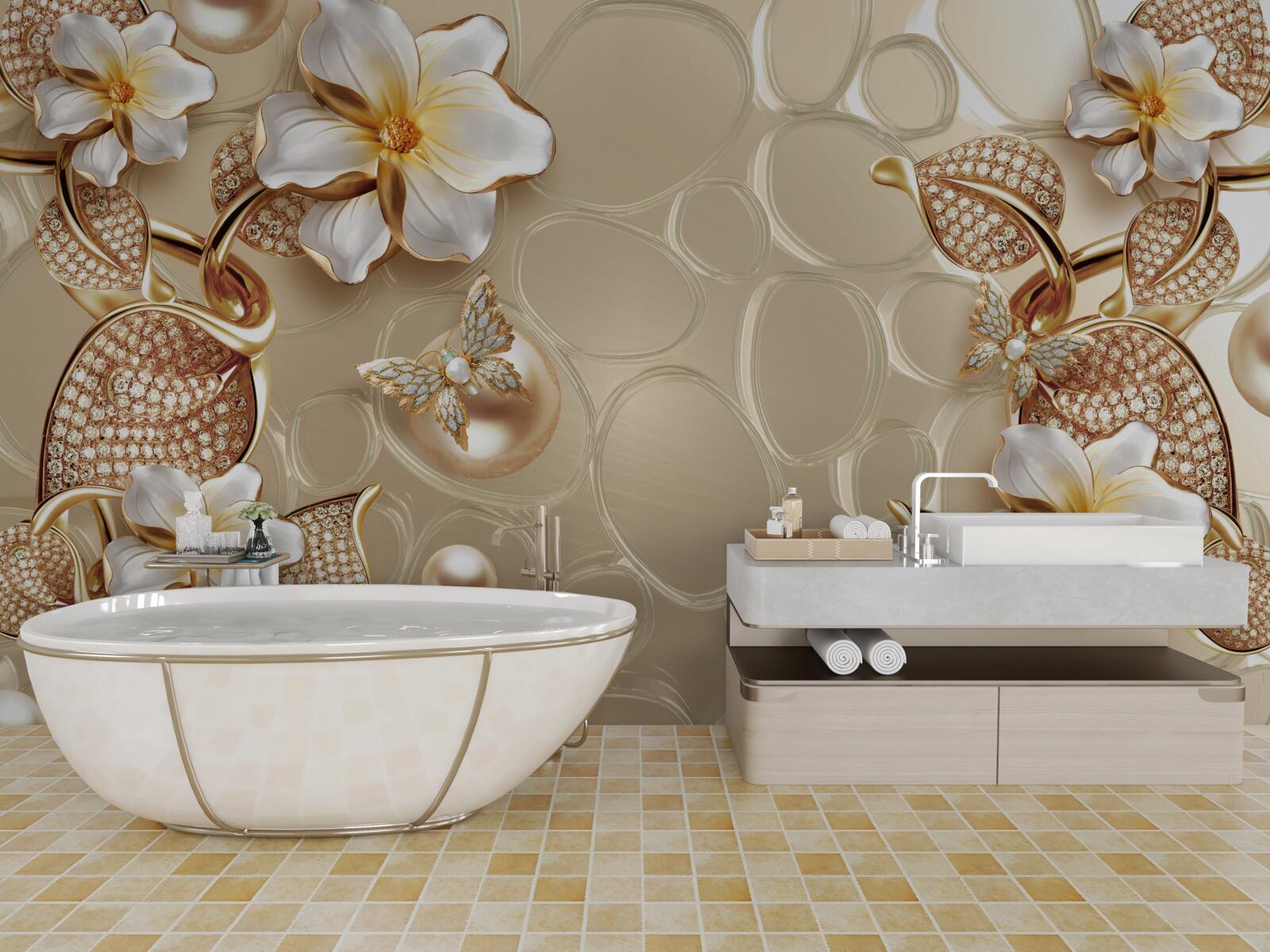 Fototapeta z pereł na jedwabiu rozwijają się gałęzie z białymi kwiatami