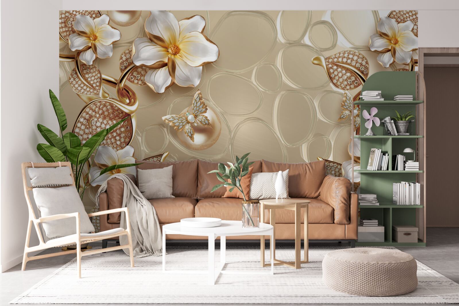 Fototapeta z pereł na jedwabiu rozwijają się gałęzie z białymi kwiatami