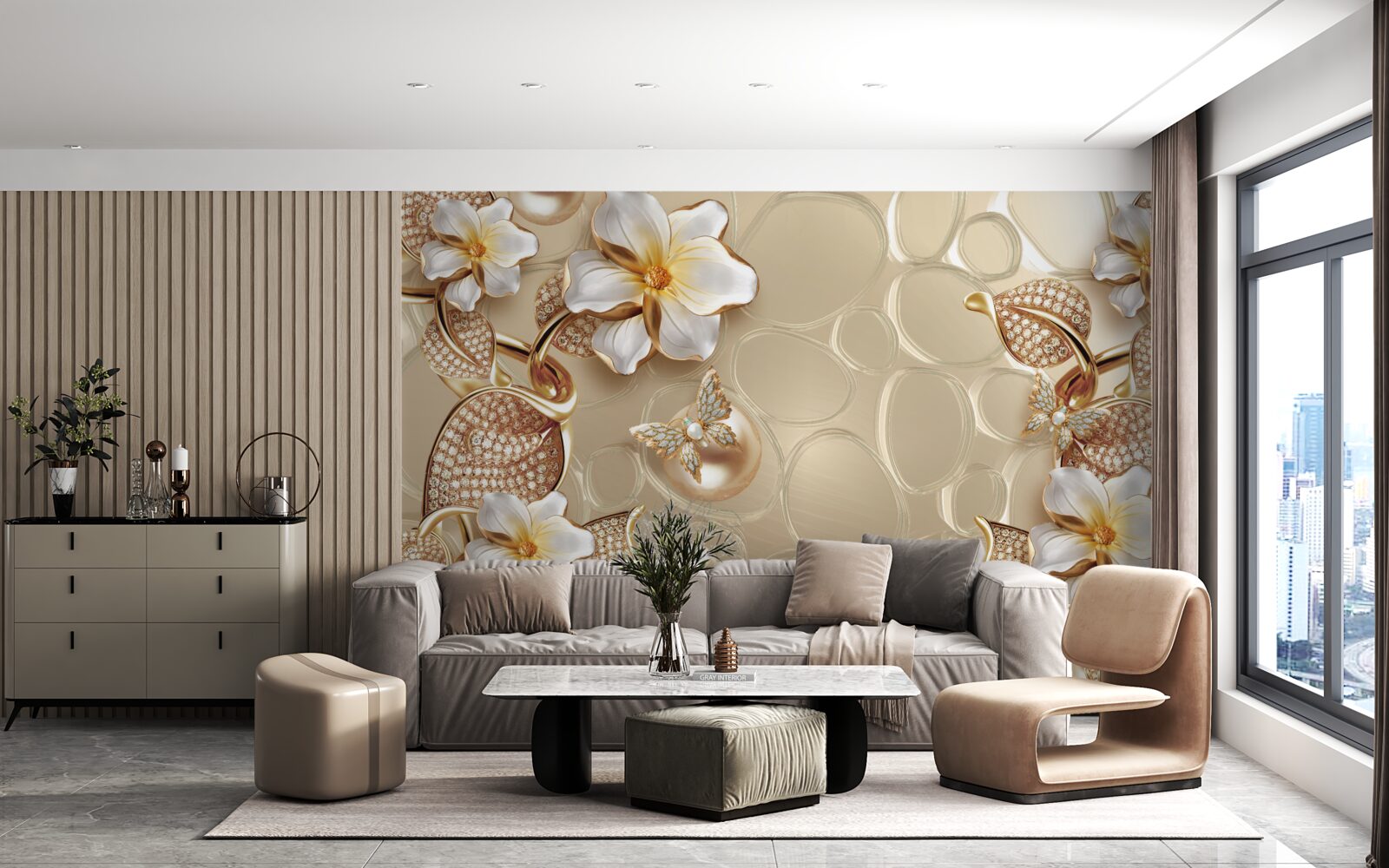 Fototapeta z pereł na jedwabiu rozwijają się gałęzie z białymi kwiatami