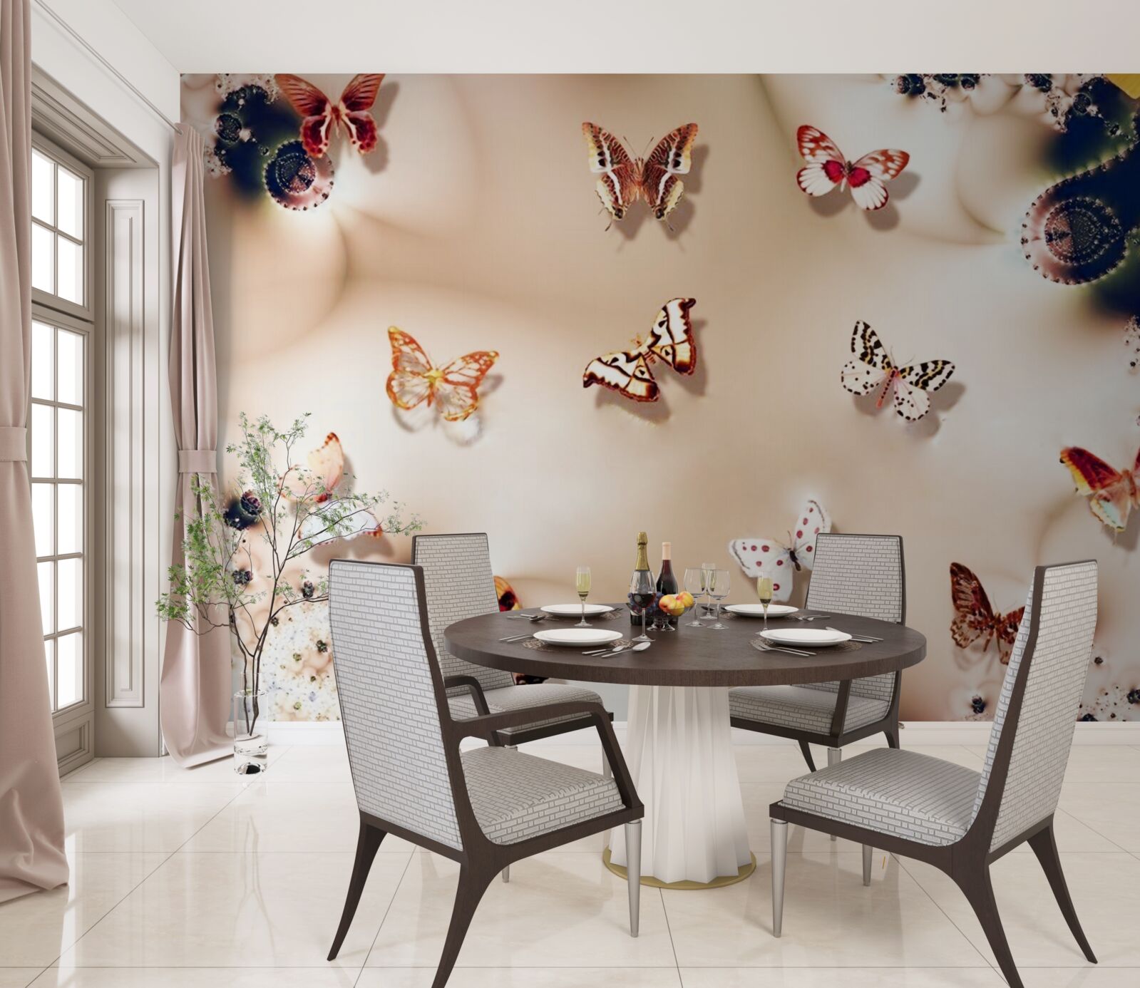 Fototapeta motyle w różnych kolorach na różowym jedwabiu