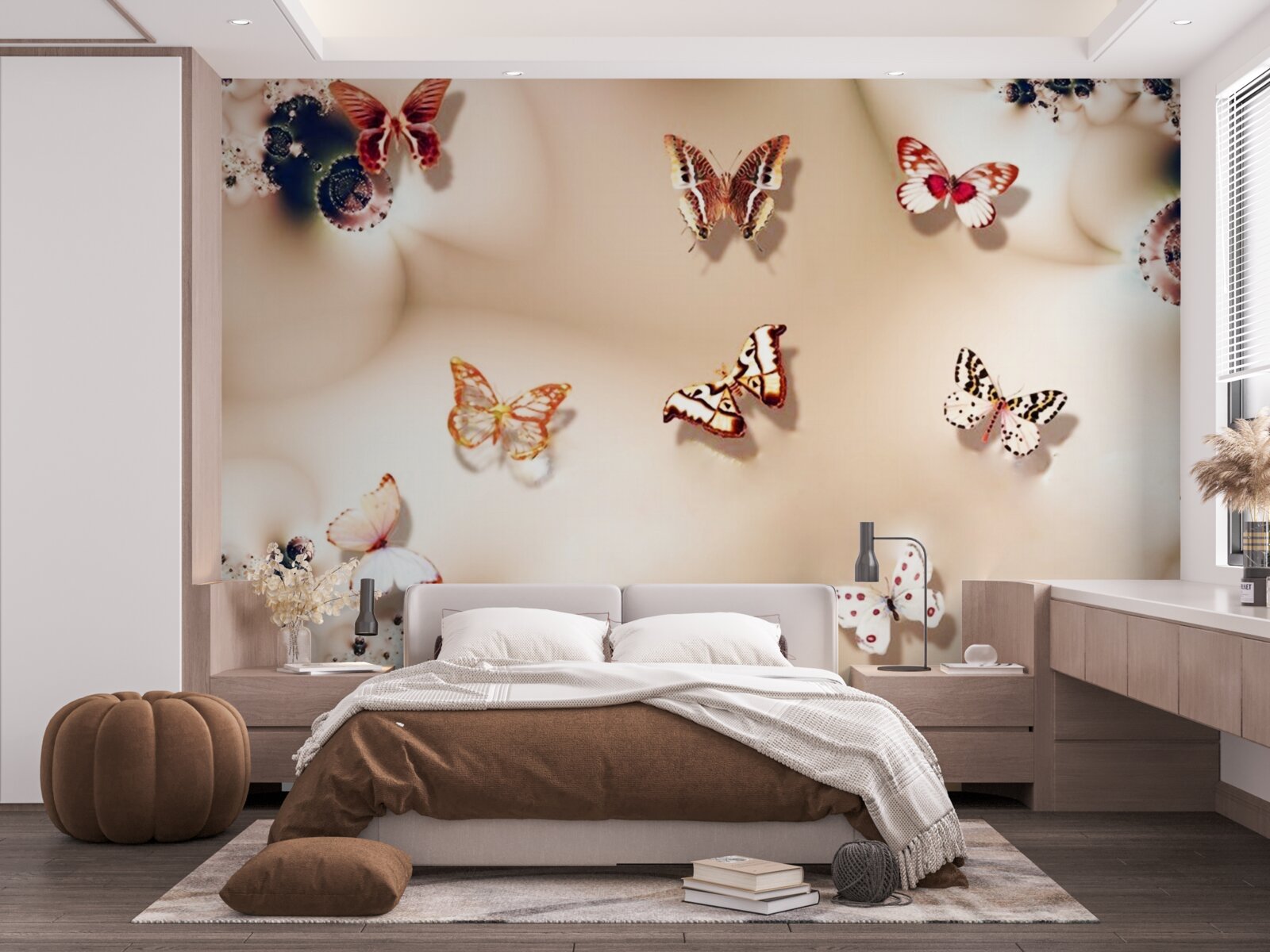 Fototapeta motyle w różnych kolorach na różowym jedwabiu