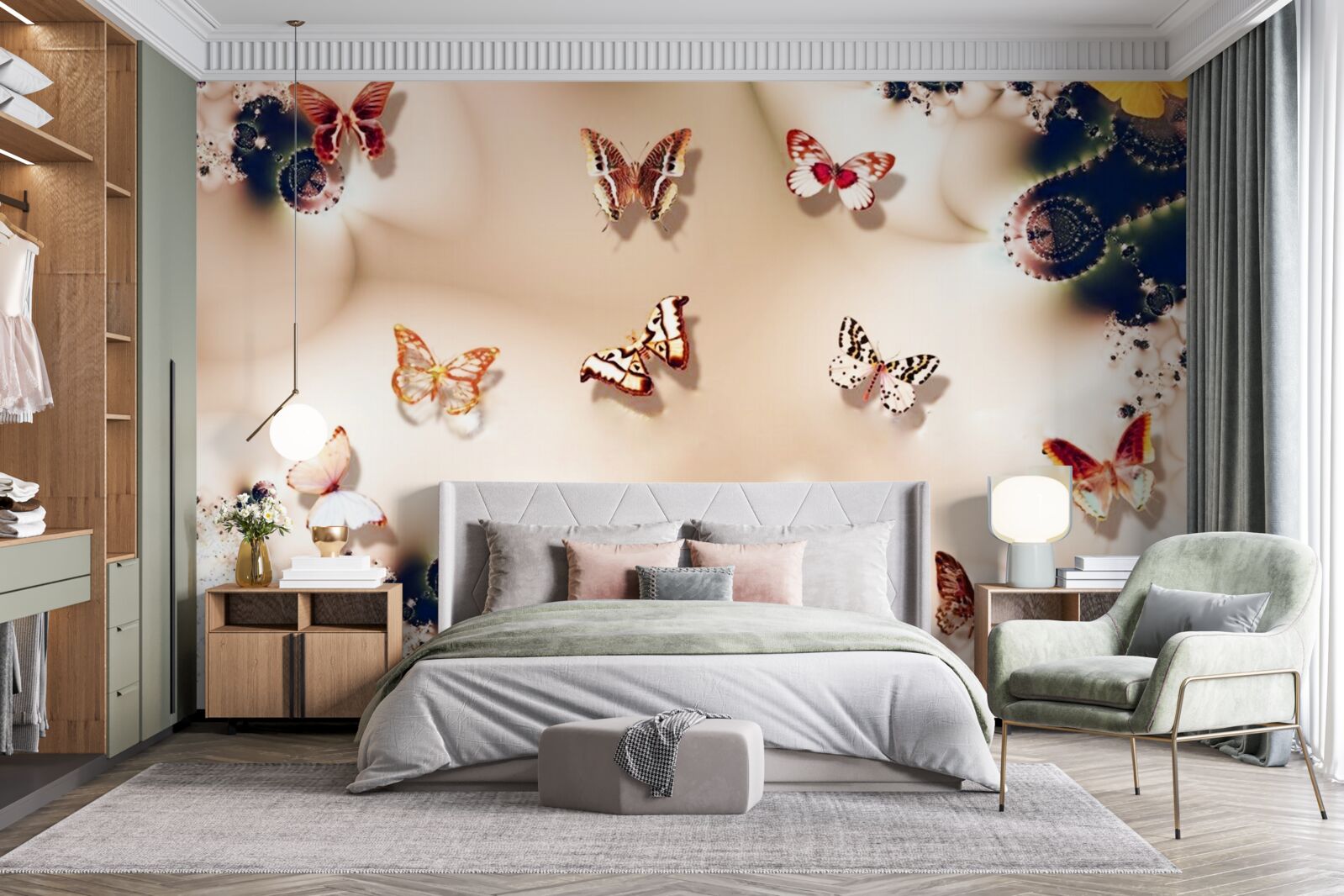 Fototapeta motyle w różnych kolorach na różowym jedwabiu