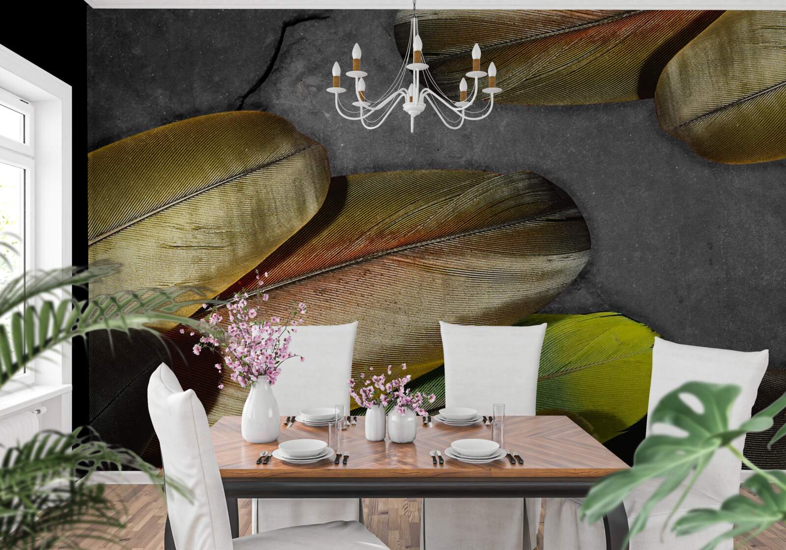 Fototapeta złote pióra błyszczą na szarym tle