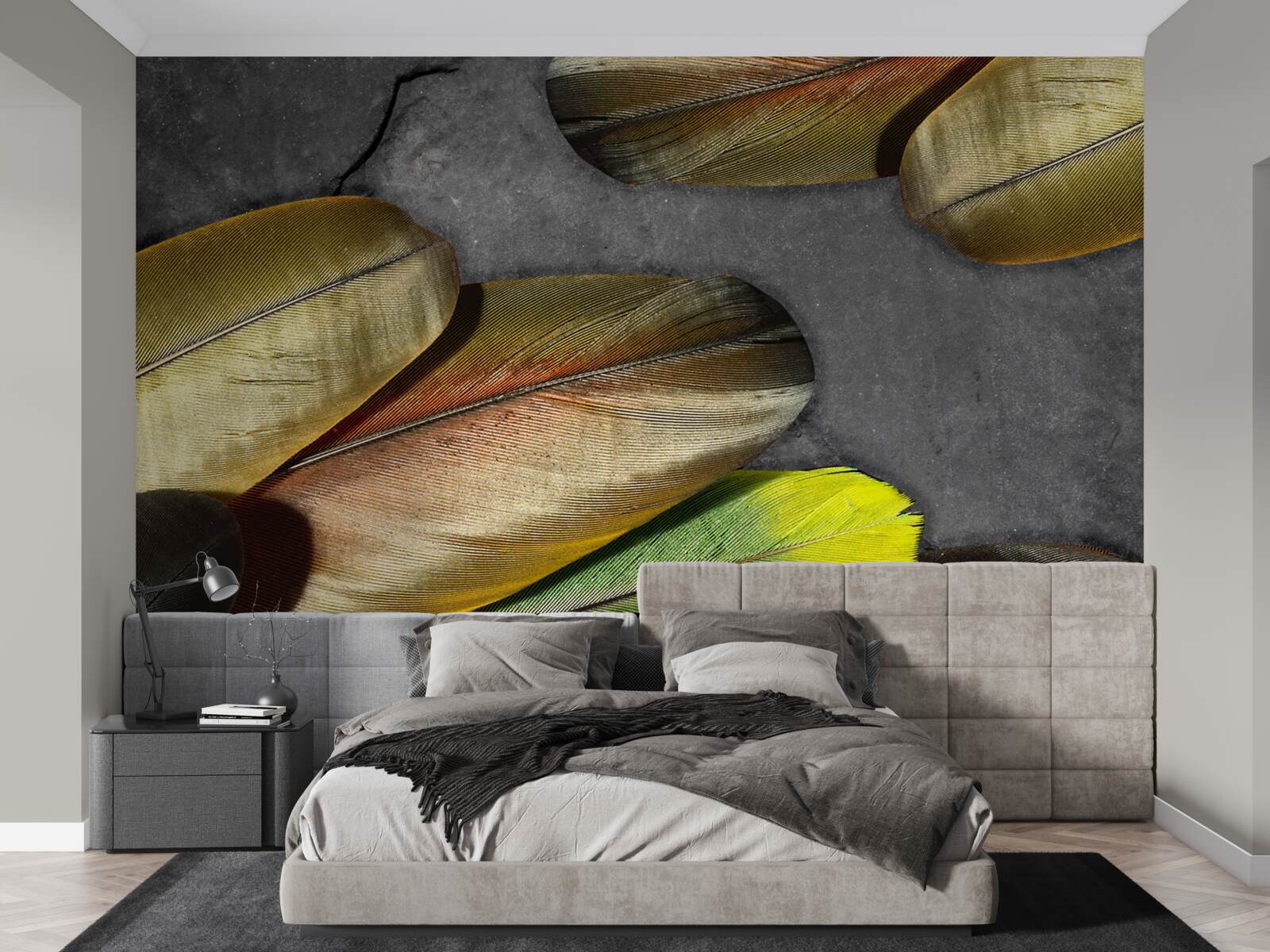 Fototapeta złote pióra błyszczą na szarym tle