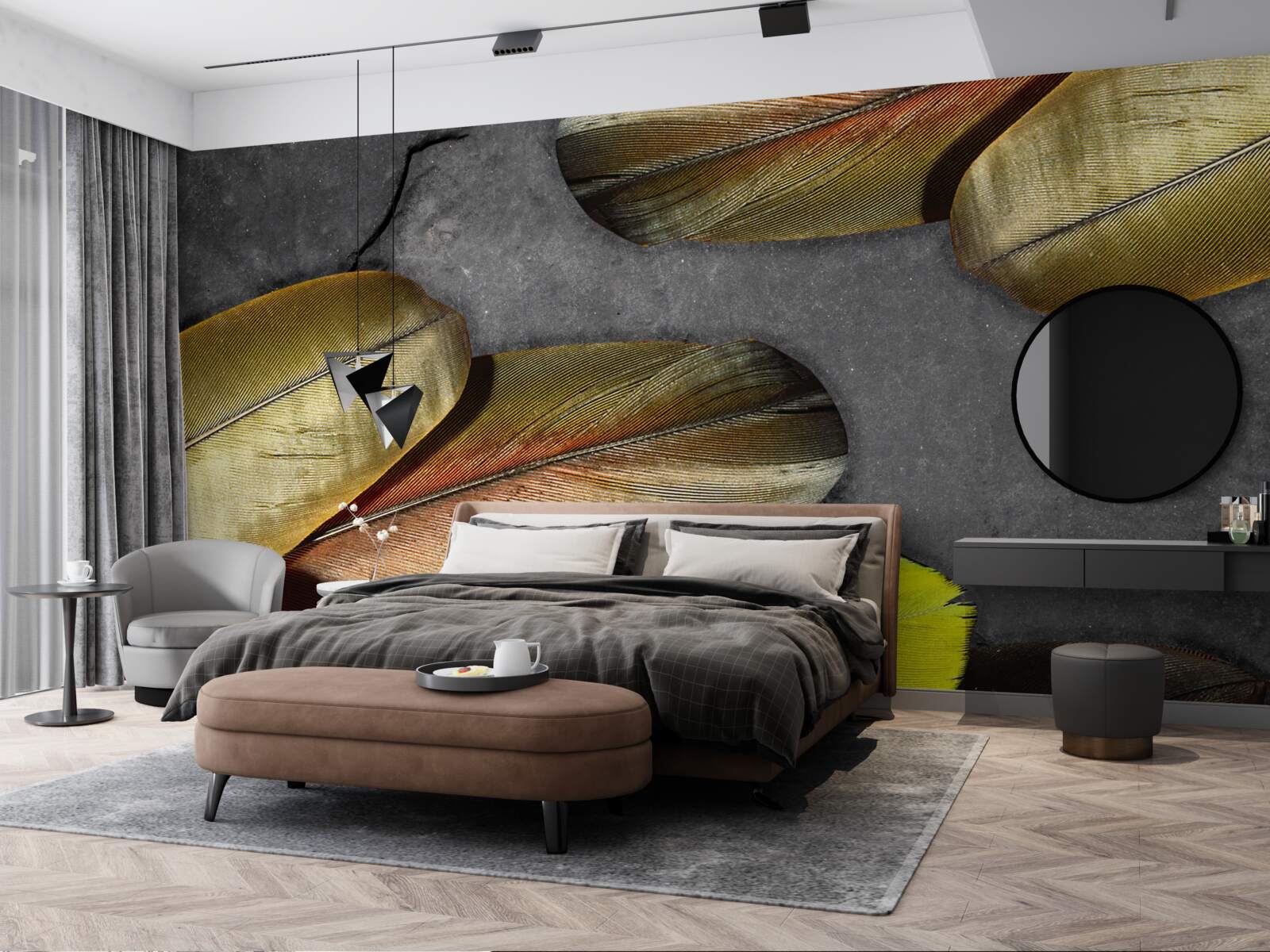 Fototapeta złote pióra błyszczą na szarym tle