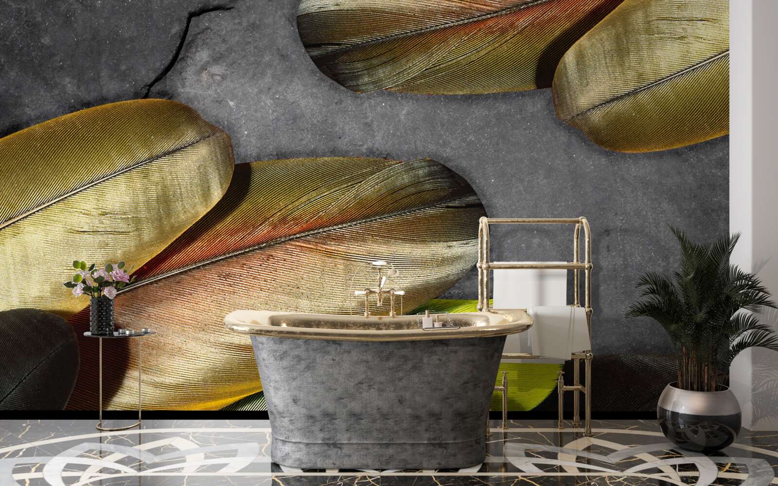 Fototapeta złote pióra błyszczą na szarym tle