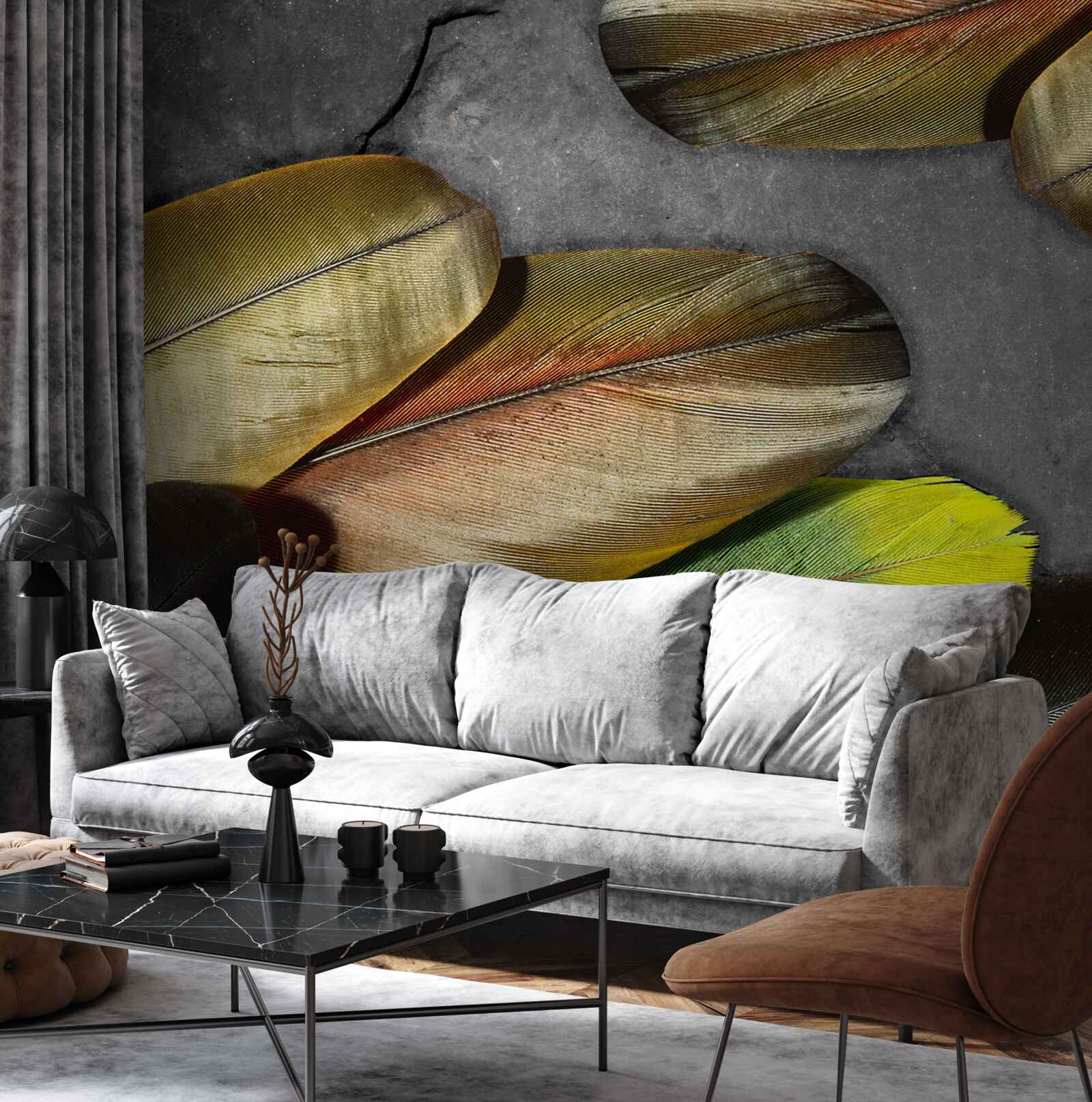 Fototapeta złote pióra błyszczą na szarym tle