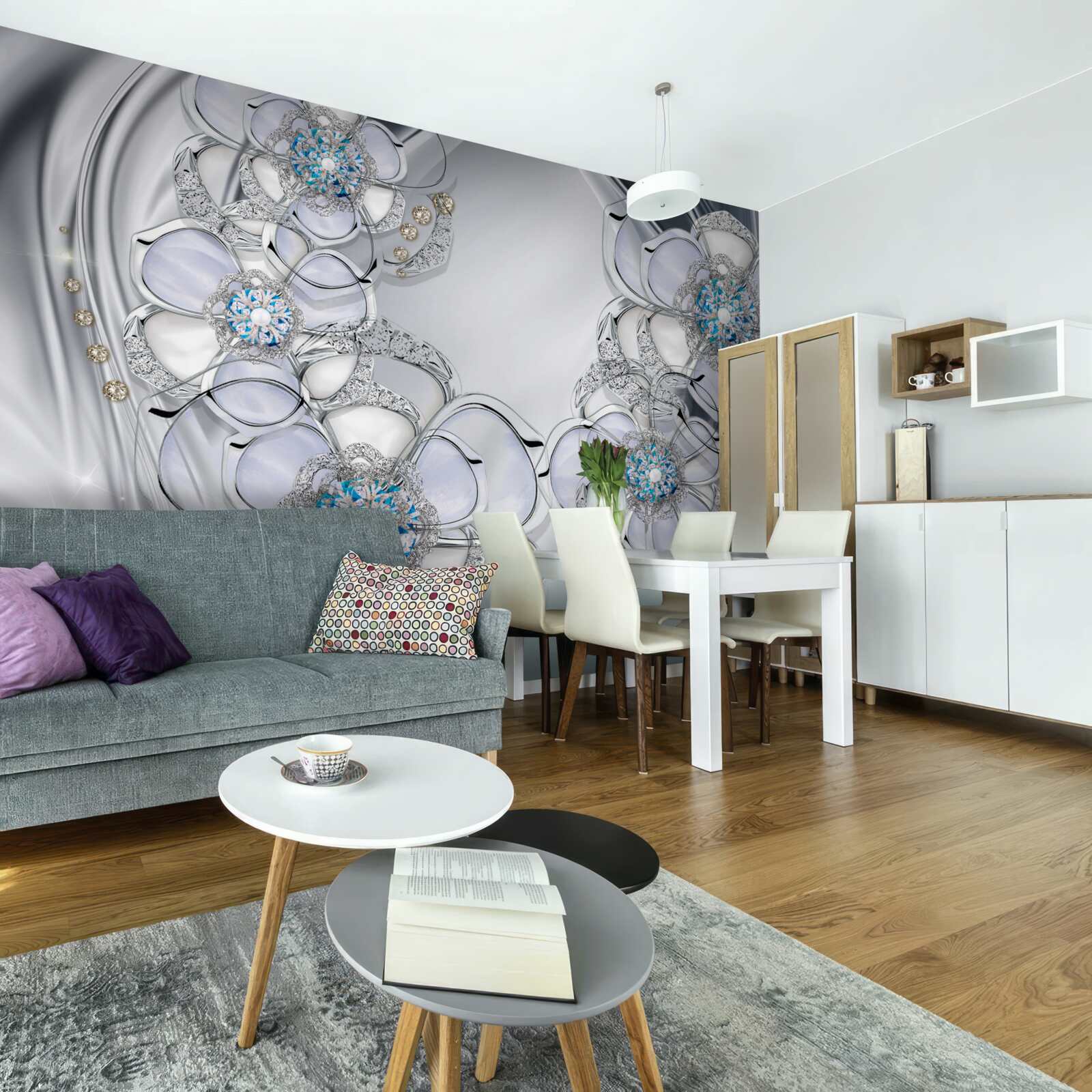 Fototapeta pąki o srebrnym odcieniu i niebieskich diamentach