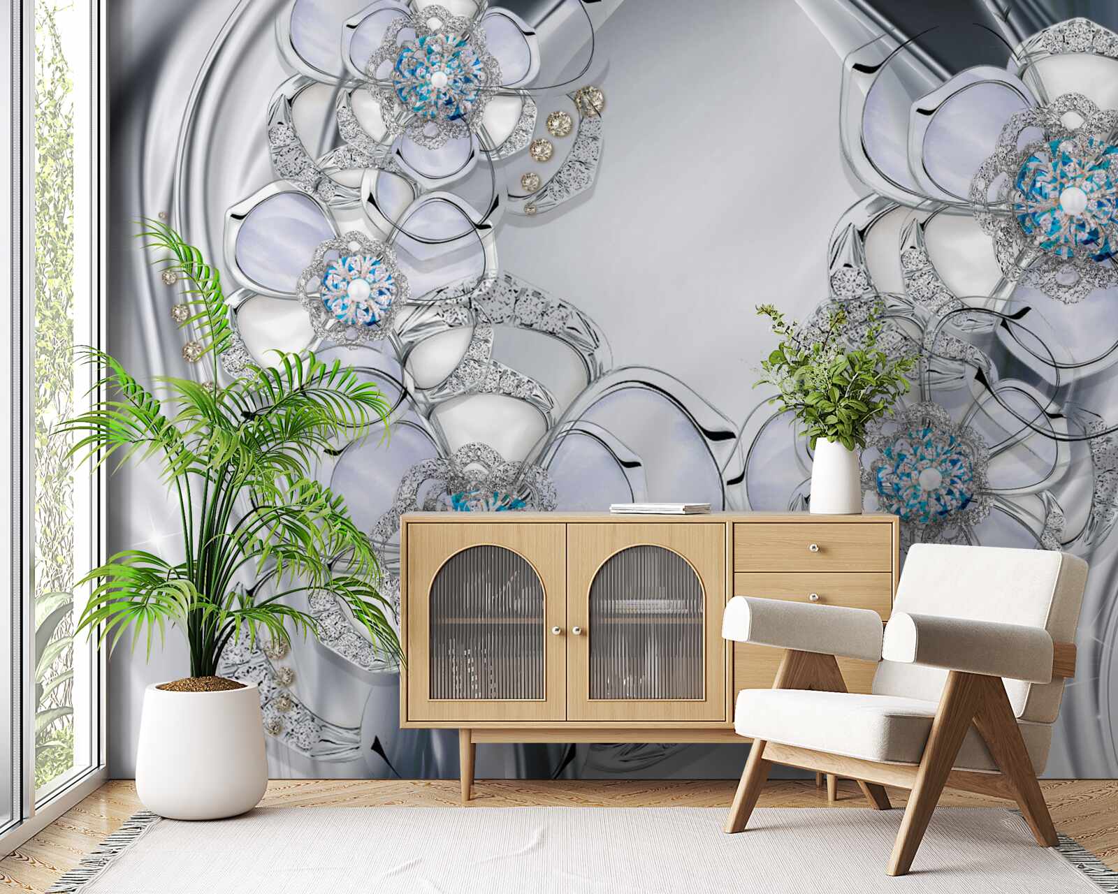 Fototapeta pąki o srebrnym odcieniu i niebieskich diamentach