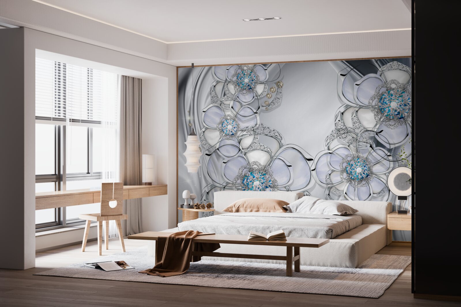 Fototapeta pąki o srebrnym odcieniu i niebieskich diamentach