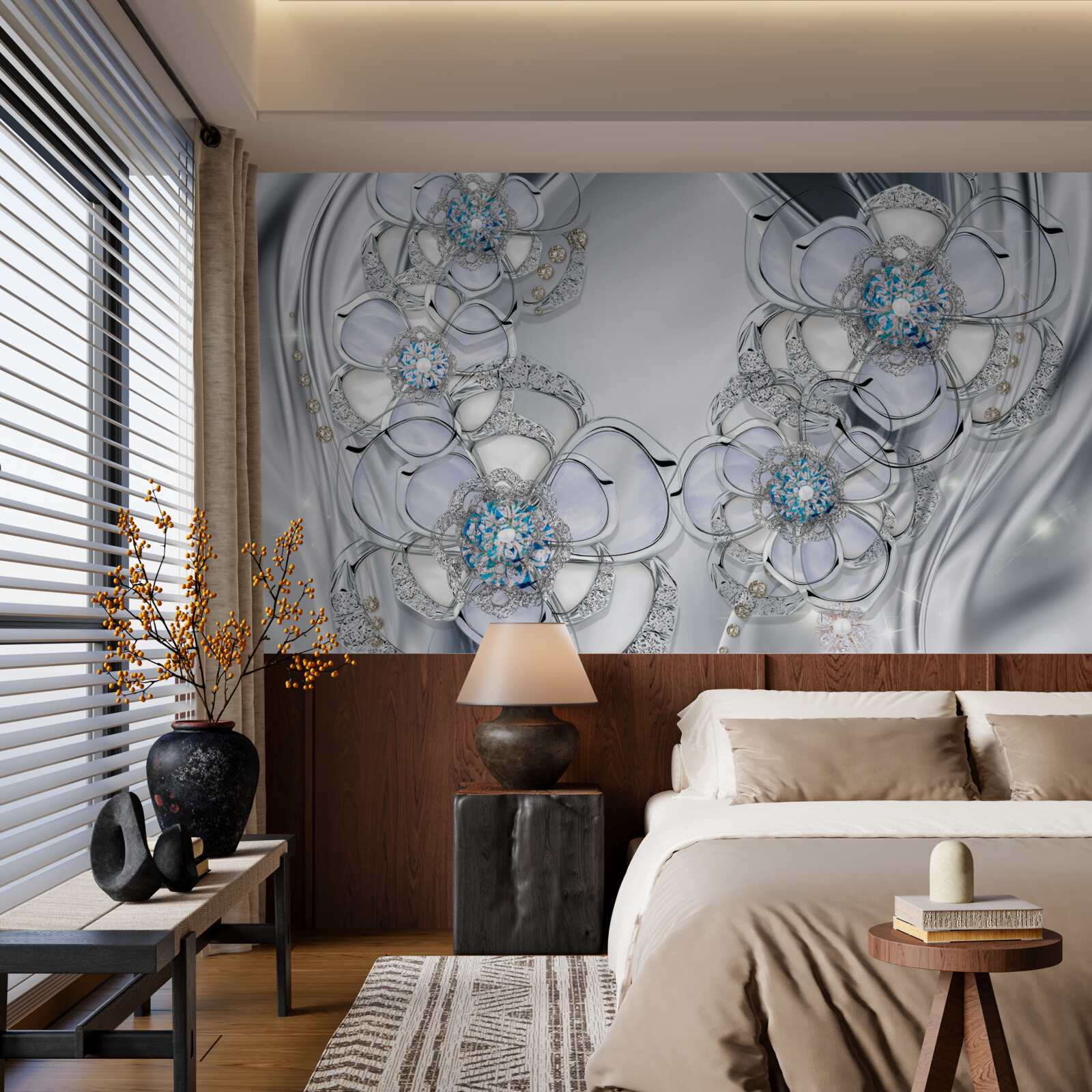 Fototapeta pąki o srebrnym odcieniu i niebieskich diamentach