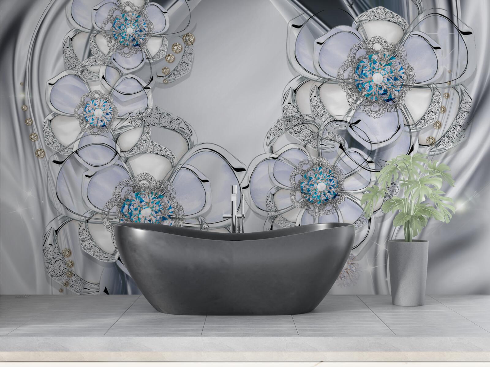 Fototapeta pąki o srebrnym odcieniu i niebieskich diamentach