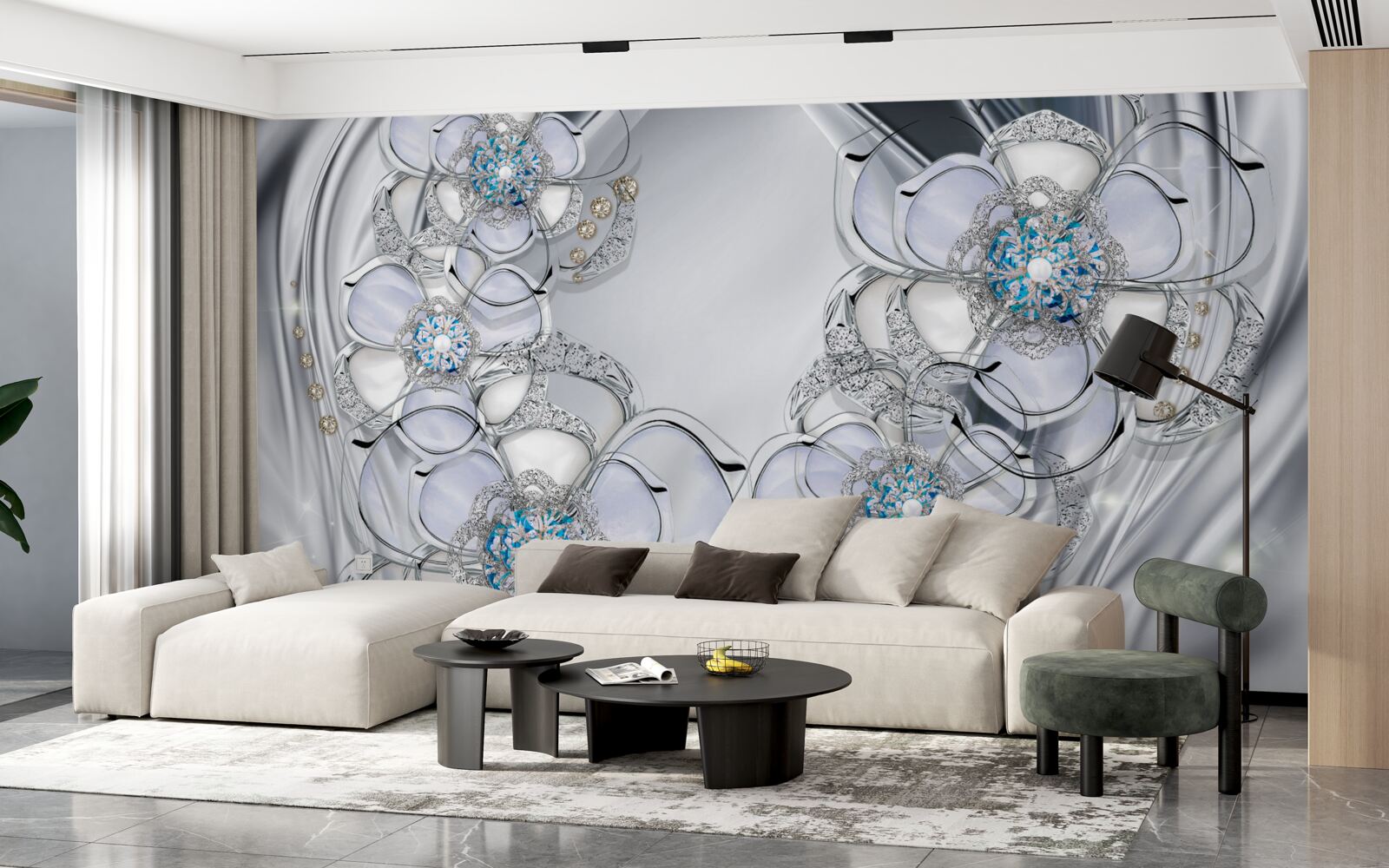 Fototapeta pąki o srebrnym odcieniu i niebieskich diamentach