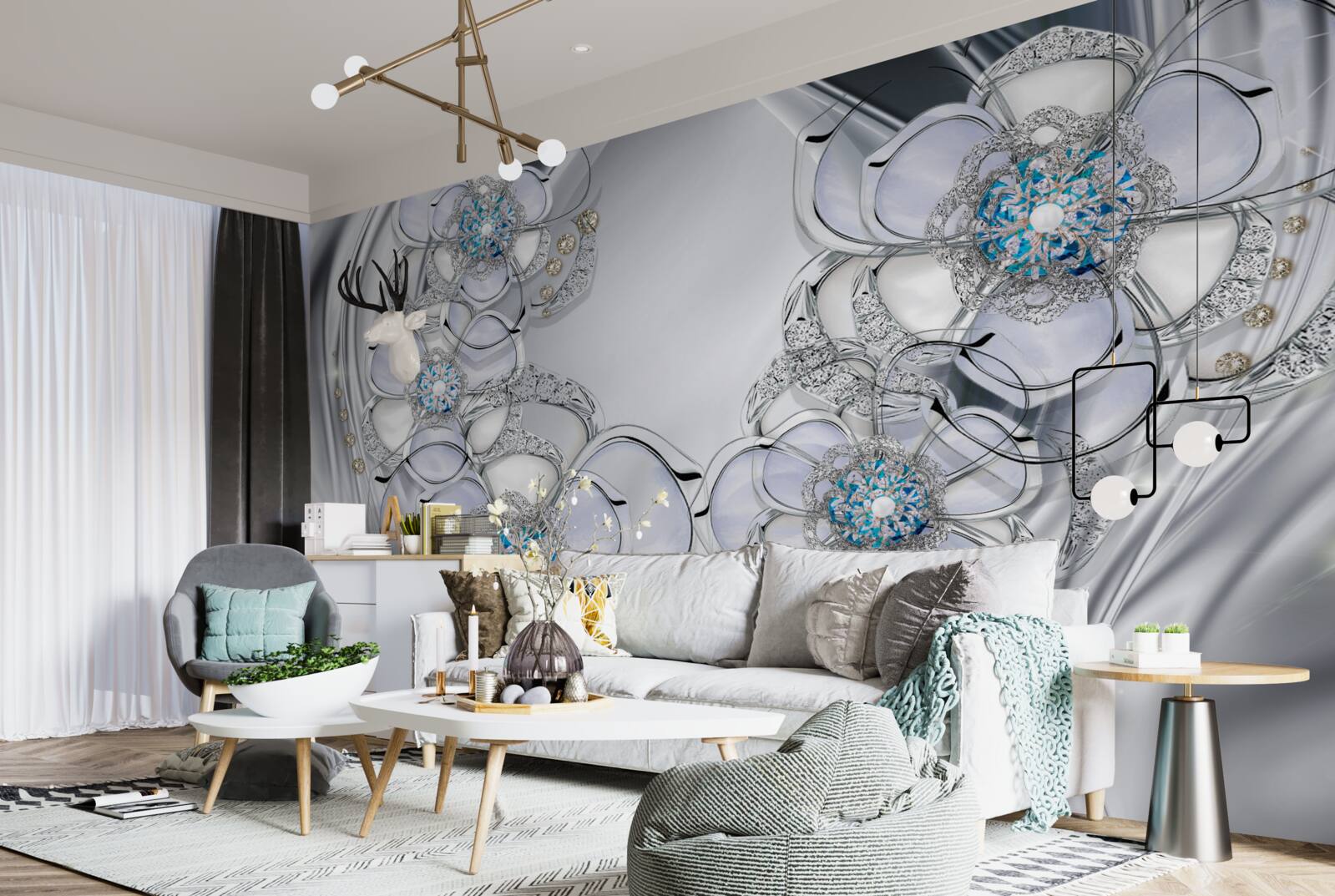 Fototapeta pąki o srebrnym odcieniu i niebieskich diamentach