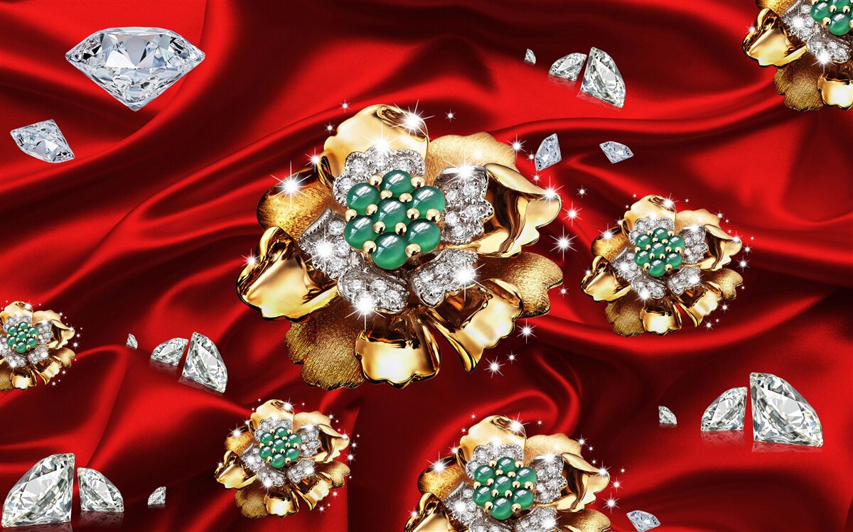 Fototapeta kwiaty wykonane ze złota i ozdobione diamentami umieszczone są na czerwonym jedwabiu