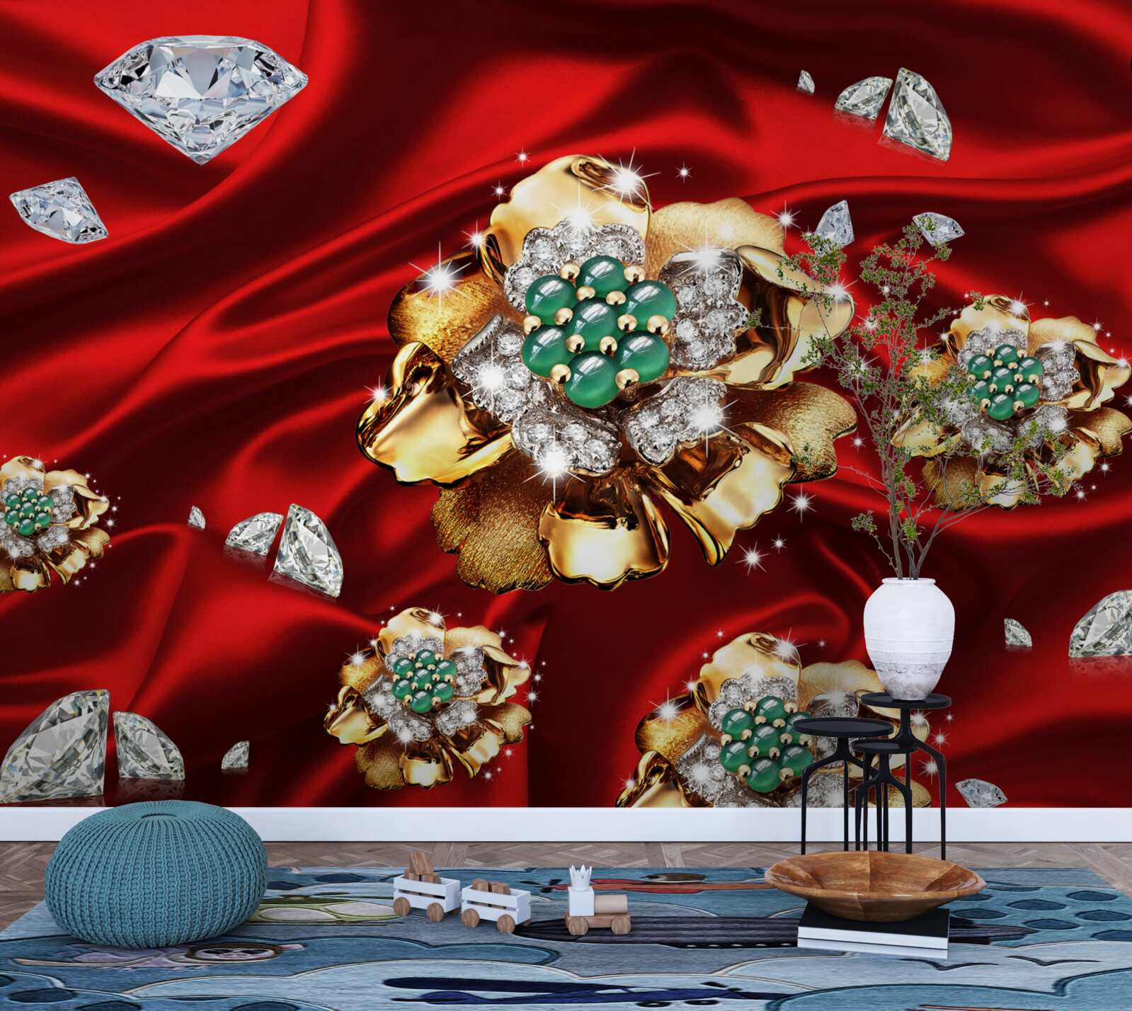 Fototapeta kwiaty wykonane ze złota i ozdobione diamentami umieszczone są na czerwonym jedwabiu