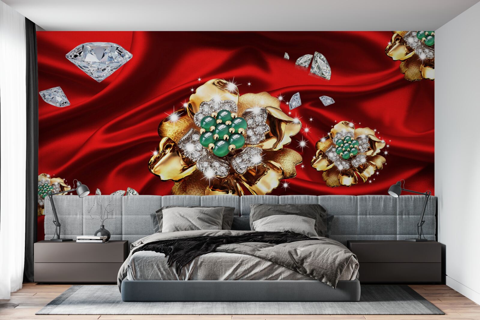 Fototapeta kwiaty wykonane ze złota i ozdobione diamentami umieszczone są na czerwonym jedwabiu