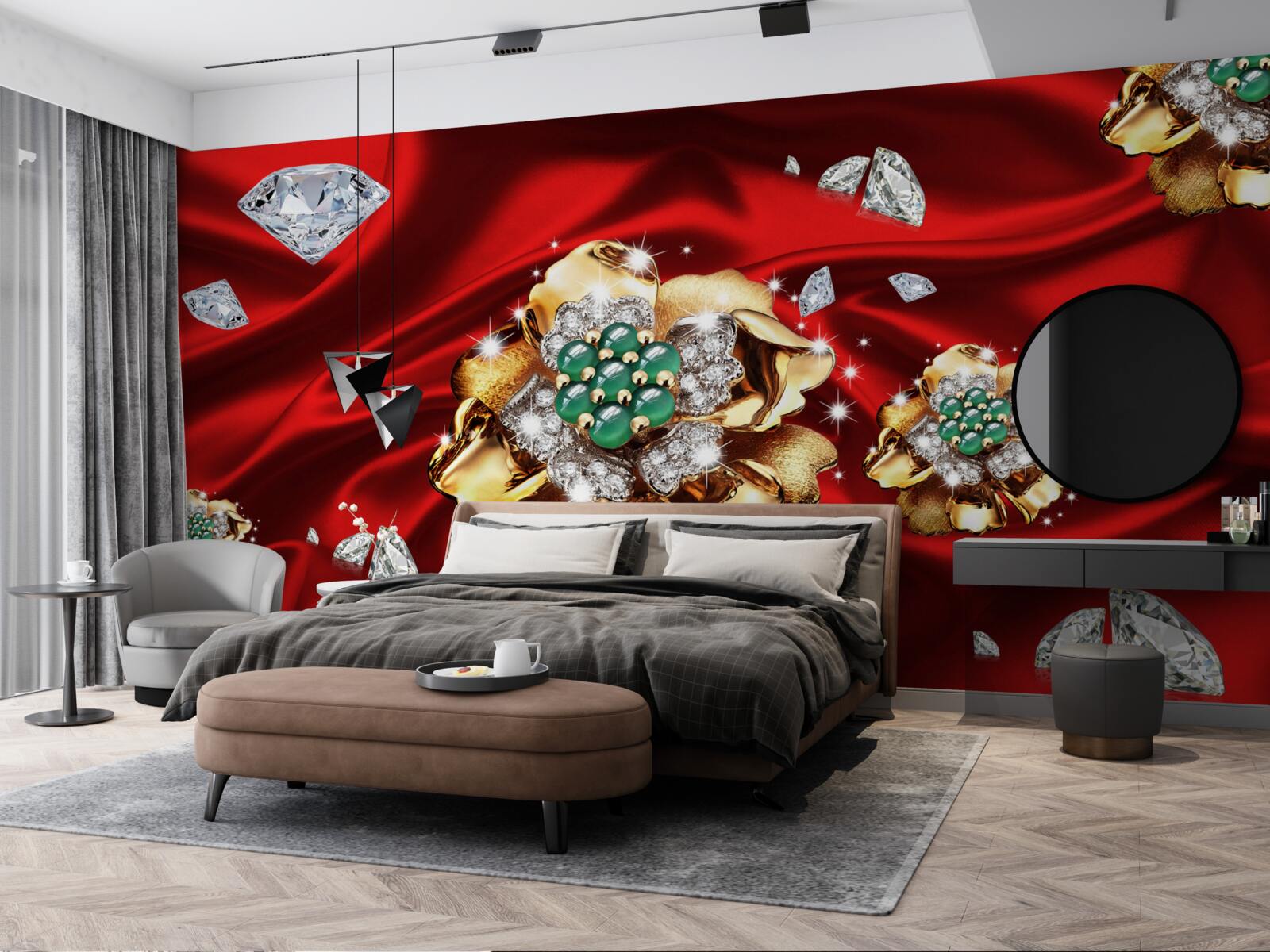 Fototapeta kwiaty wykonane ze złota i ozdobione diamentami umieszczone są na czerwonym jedwabiu