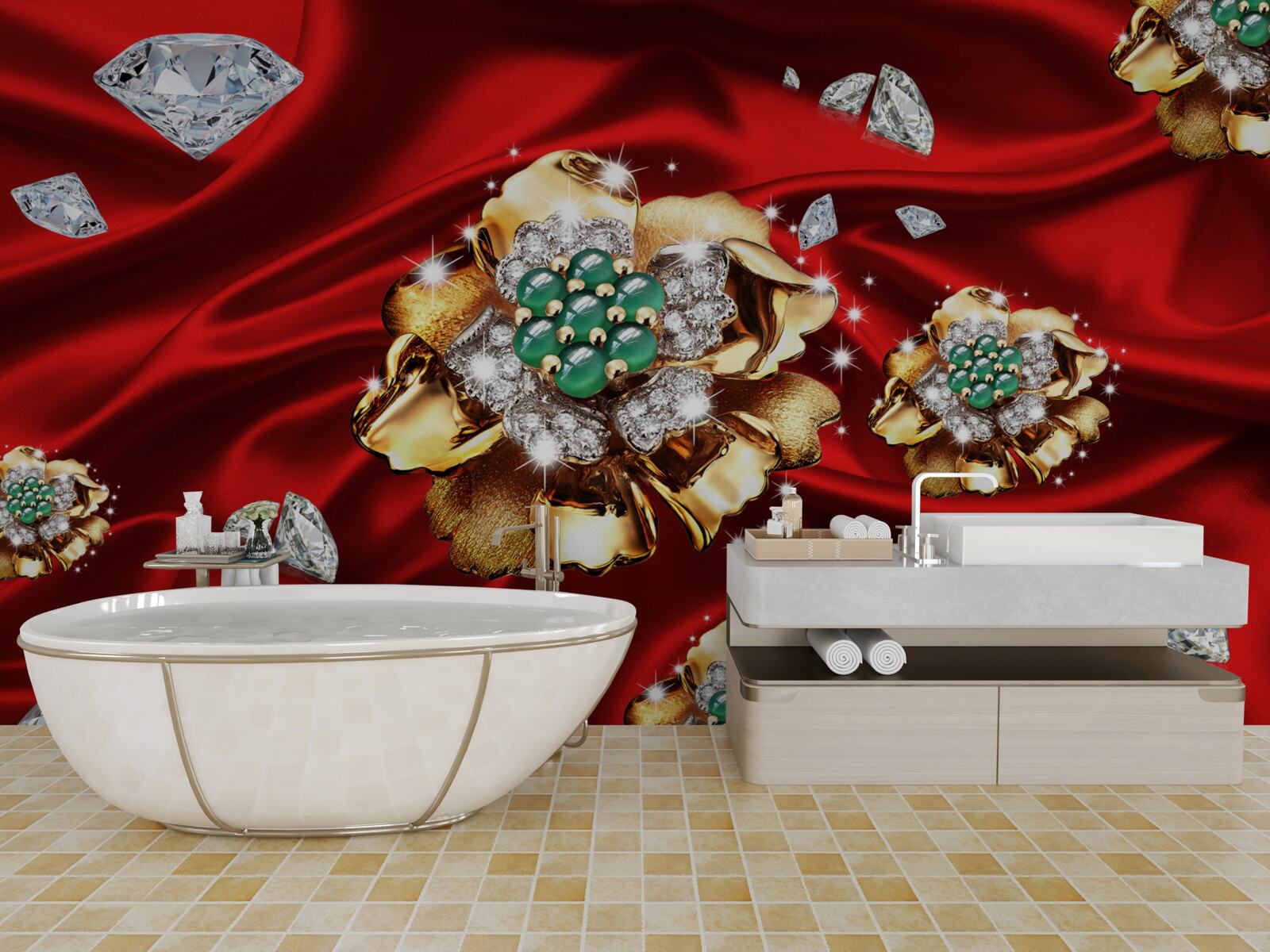 Fototapeta kwiaty wykonane ze złota i ozdobione diamentami umieszczone są na czerwonym jedwabiu