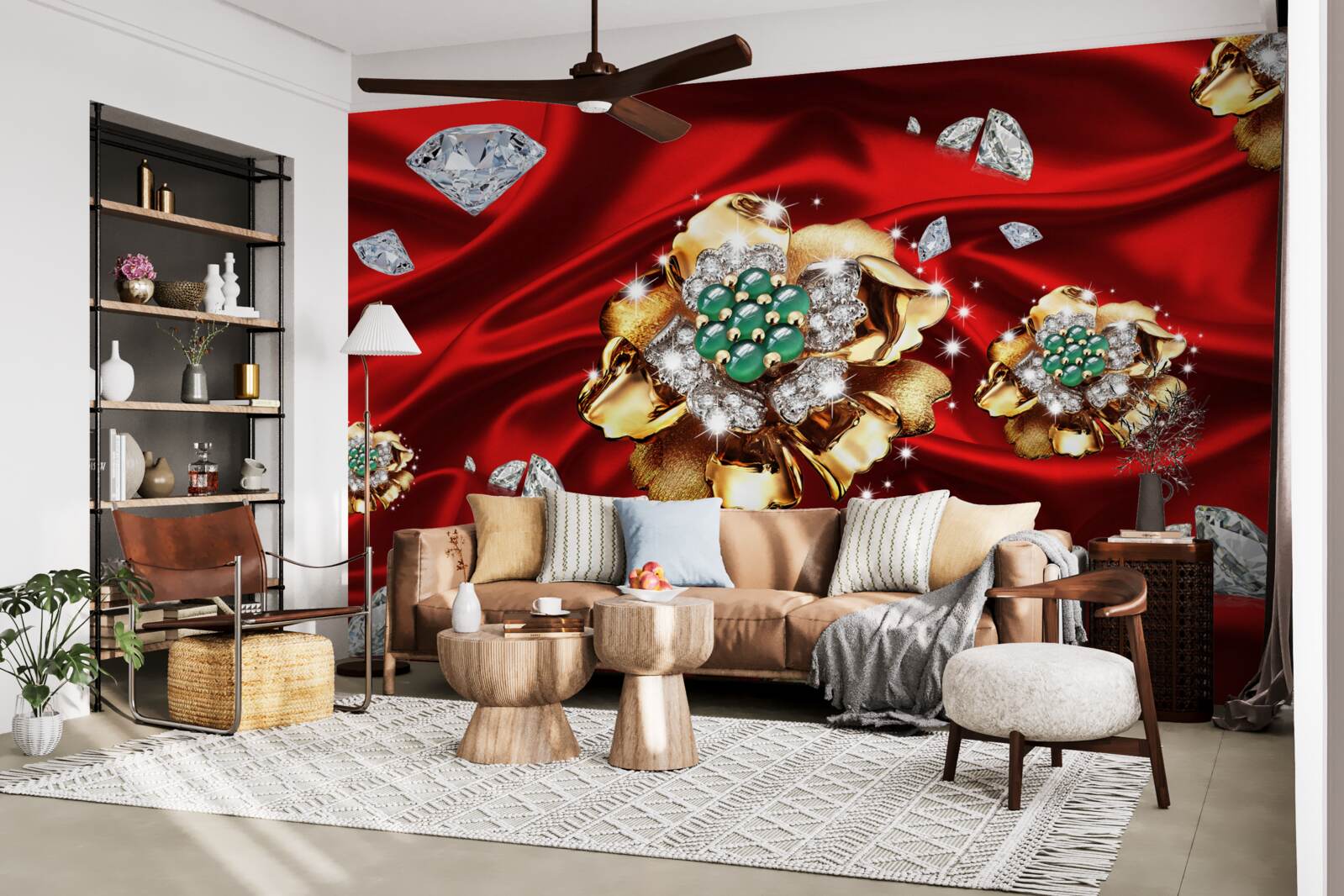 Fototapeta kwiaty wykonane ze złota i ozdobione diamentami umieszczone są na czerwonym jedwabiu