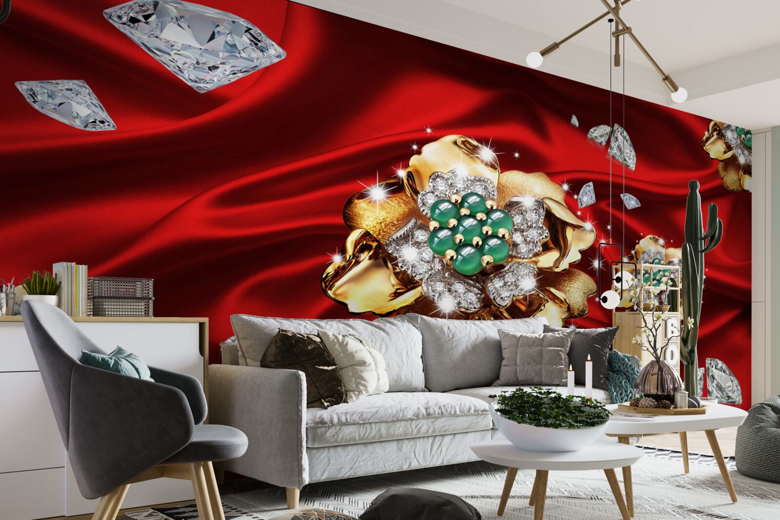 Fototapeta kwiaty wykonane ze złota i ozdobione diamentami umieszczone są na czerwonym jedwabiu