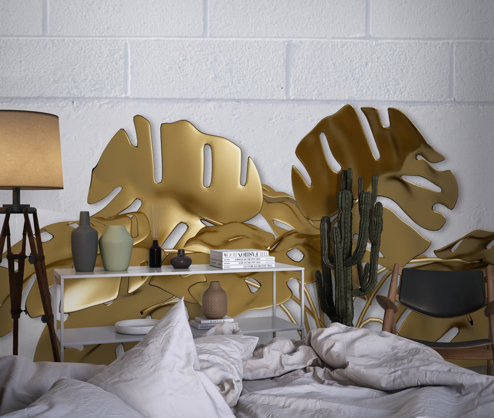 Fototapeta tropikalne liście miedzi na powierzchni cegły