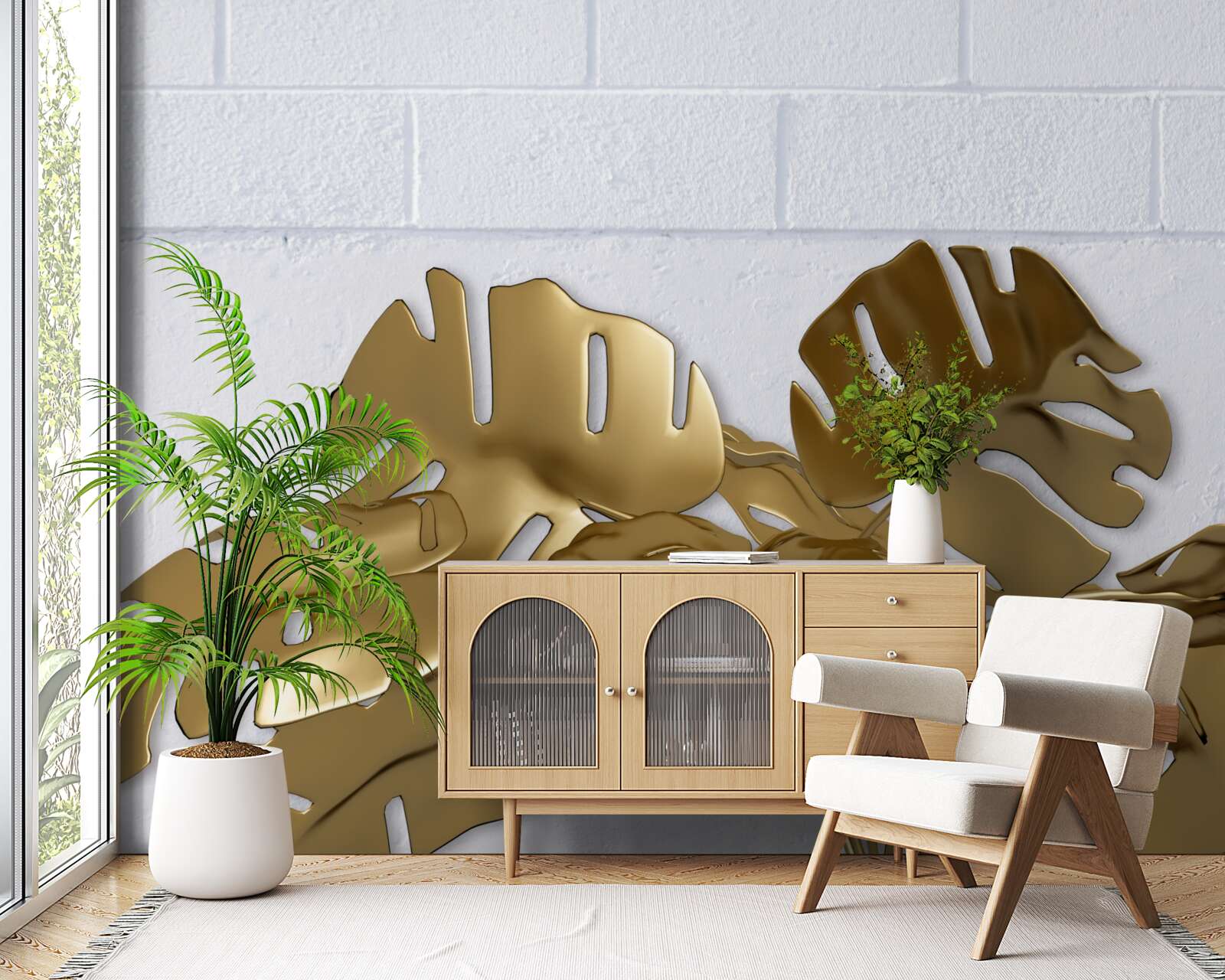 Fototapeta tropikalne liście miedzi na powierzchni cegły