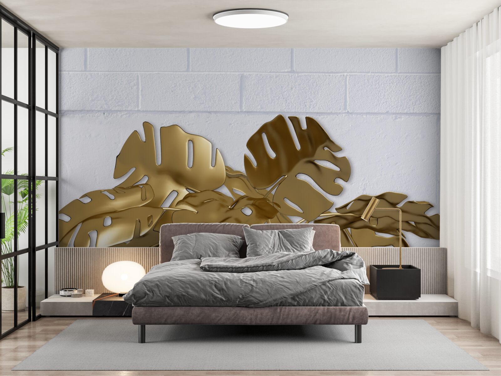 Fototapeta tropikalne liście miedzi na powierzchni cegły