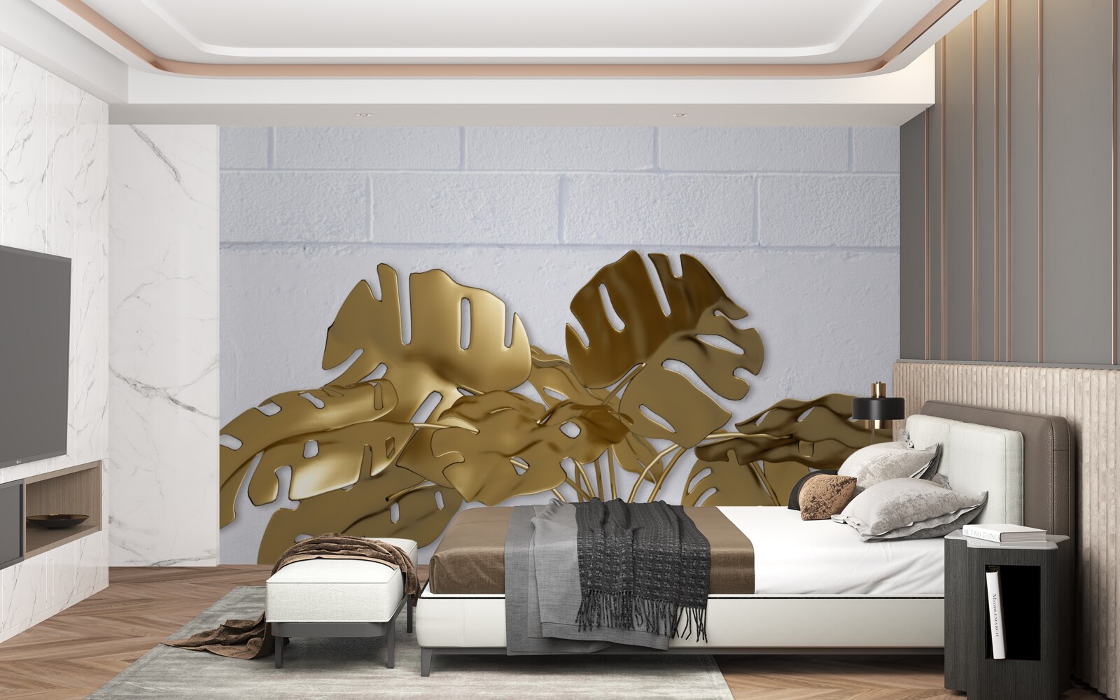 Fototapeta tropikalne liście miedzi na powierzchni cegły