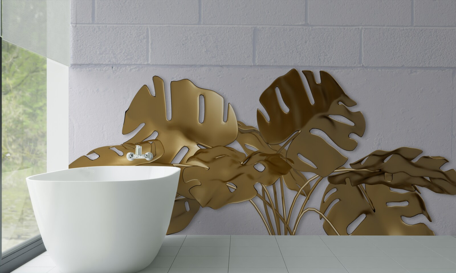 Fototapeta tropikalne liście miedzi na powierzchni cegły