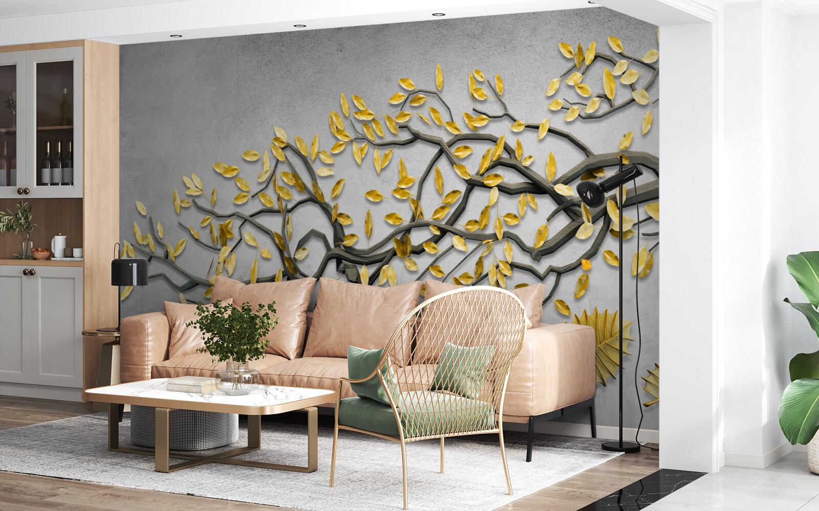 Fototapeta gałązka ze złotymi jesiennymi liśćmi