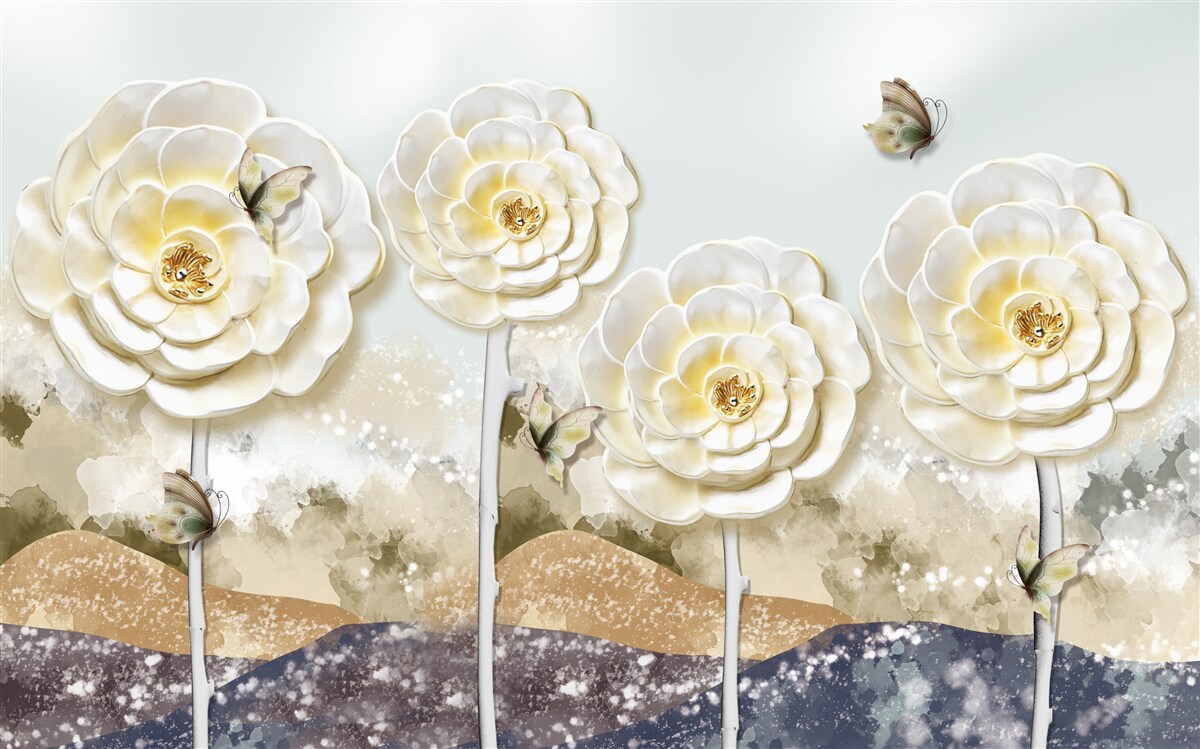 Fototapeta motyle latają w pobliżu ogromnych kremowych pąków