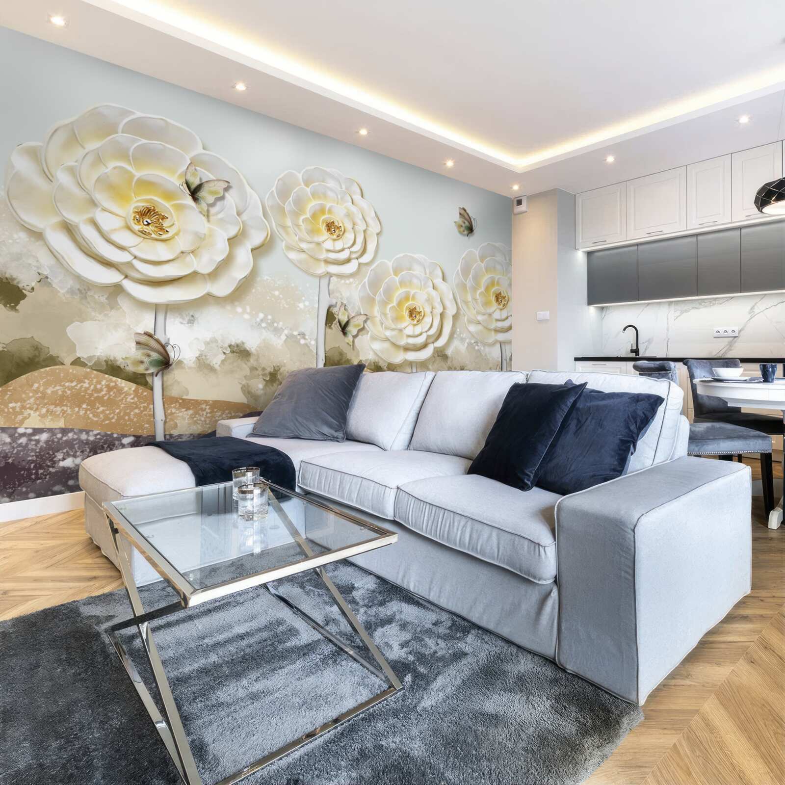 Fototapeta motyle latają w pobliżu ogromnych kremowych pąków