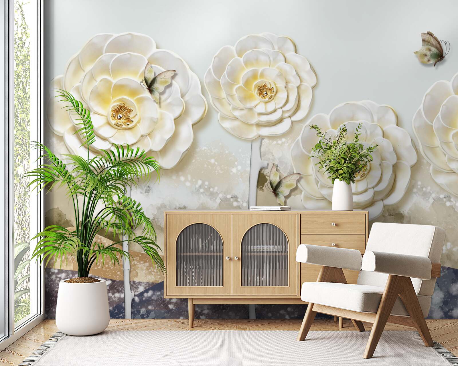 Fototapeta motyle latają w pobliżu ogromnych kremowych pąków