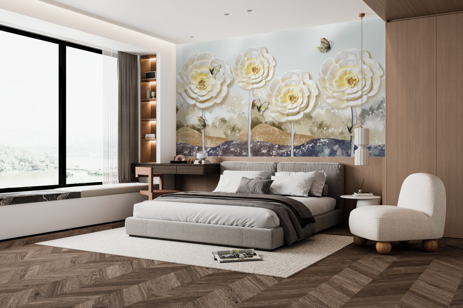 Fototapeta motyle latają w pobliżu ogromnych kremowych pąków