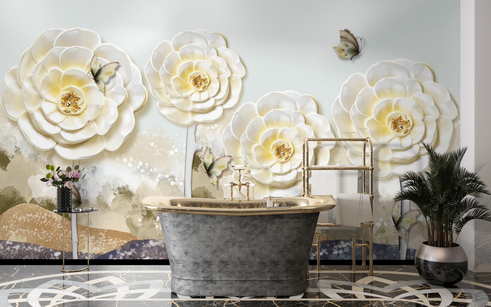 Fototapeta motyle latają w pobliżu ogromnych kremowych pąków