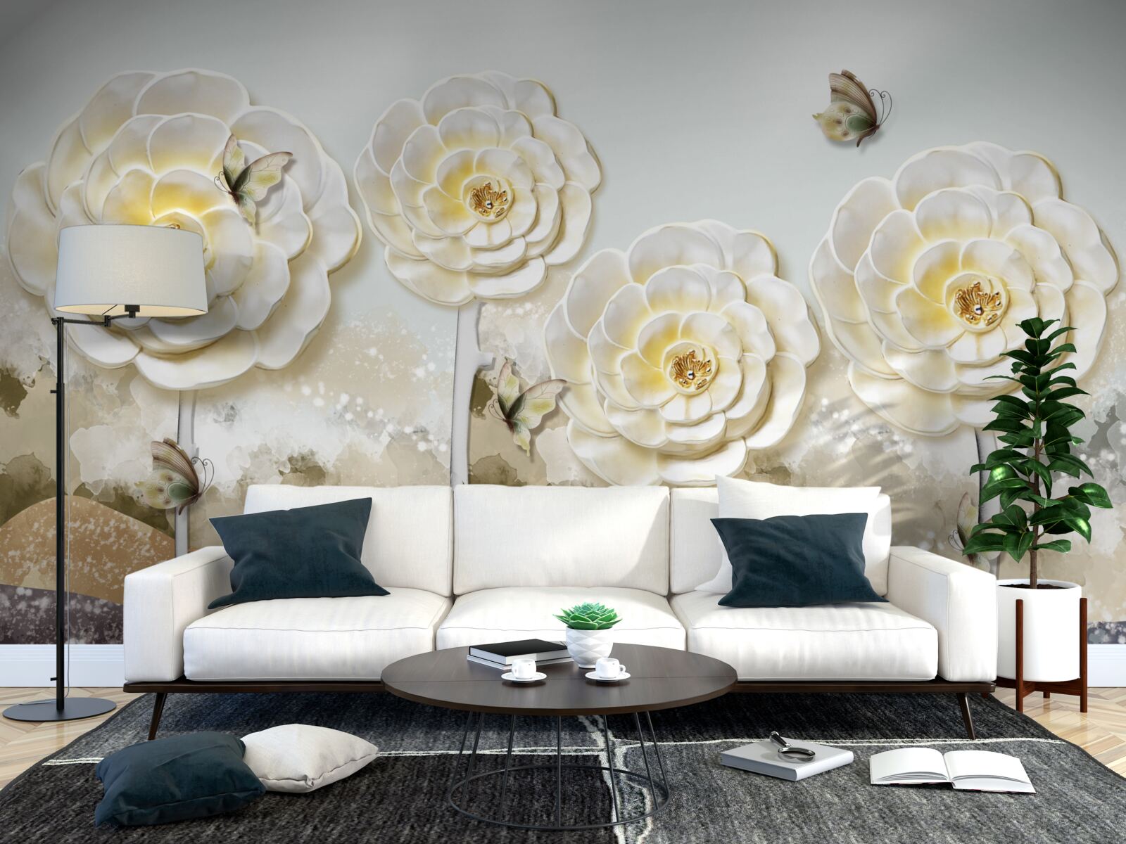 Fototapeta motyle latają w pobliżu ogromnych kremowych pąków