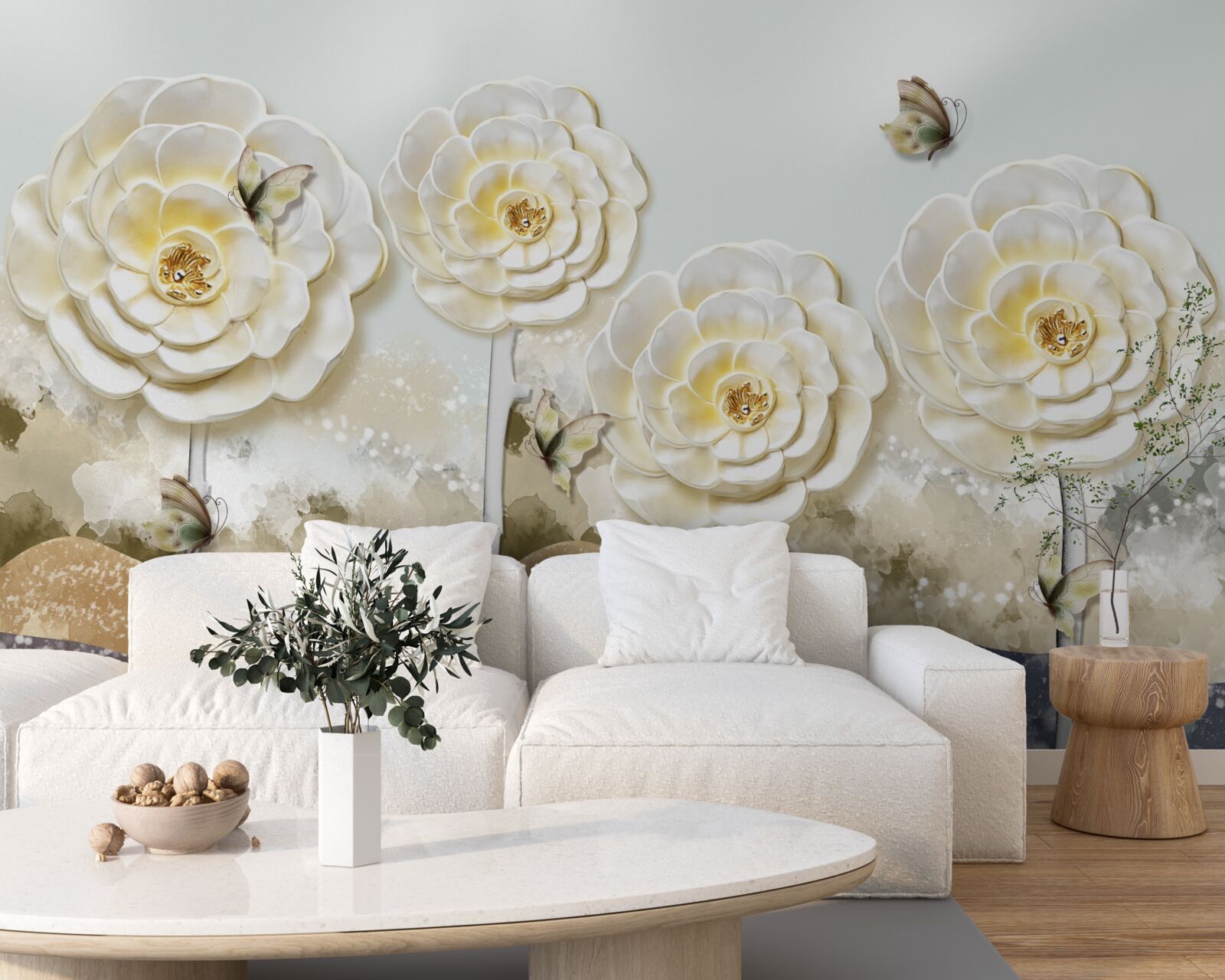 Fototapeta motyle latają w pobliżu ogromnych kremowych pąków