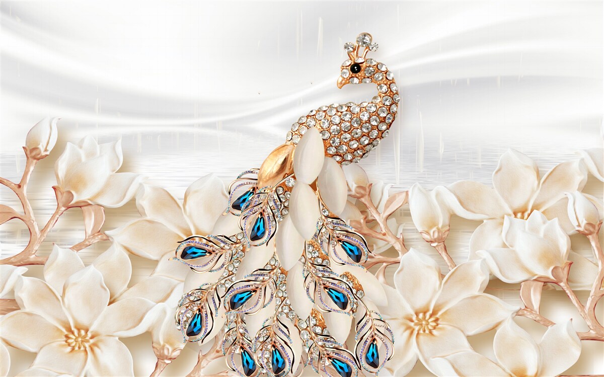 Fototapeta złoty paw na tle białych kwiatów