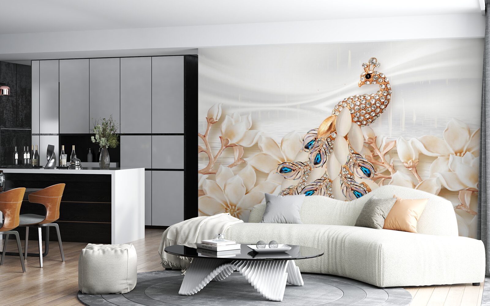 Fototapeta złoty paw na tle białych kwiatów