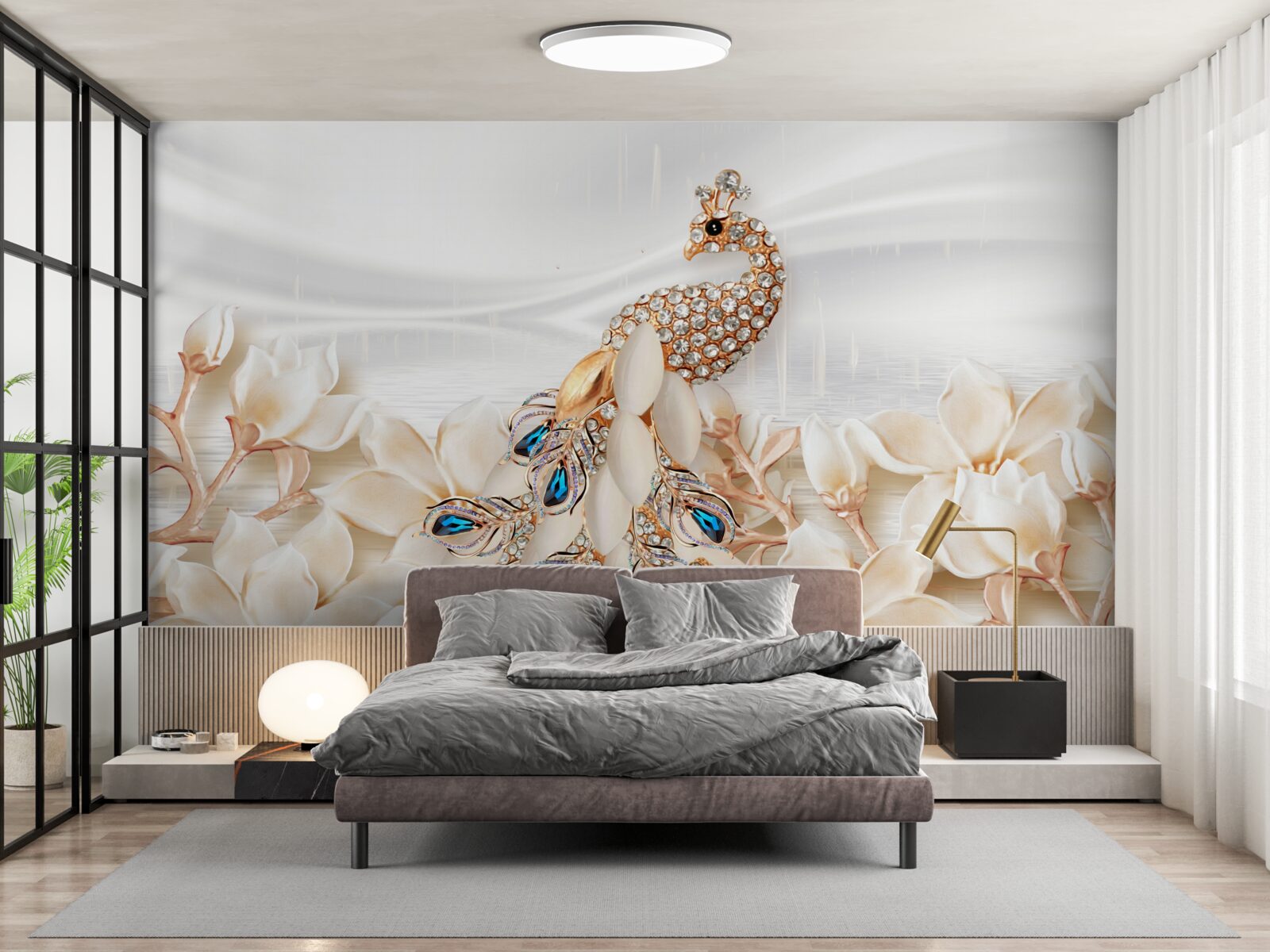 Fototapeta złoty paw na tle białych kwiatów