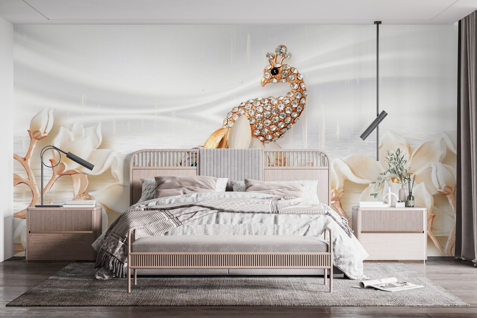 Fototapeta złoty paw na tle białych kwiatów