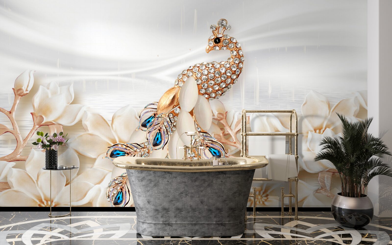 Fototapeta złoty paw na tle białych kwiatów