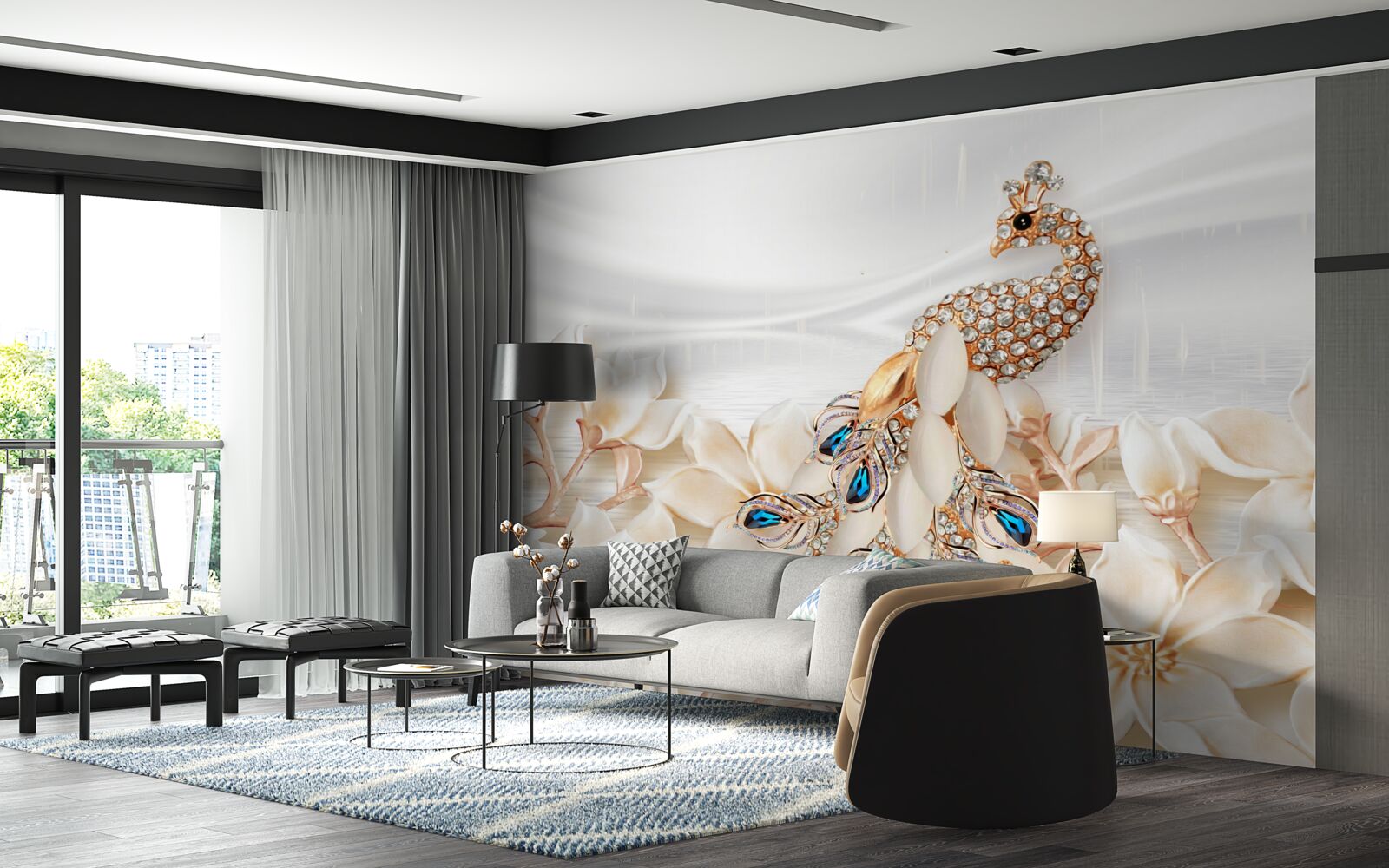 Fototapeta złoty paw na tle białych kwiatów