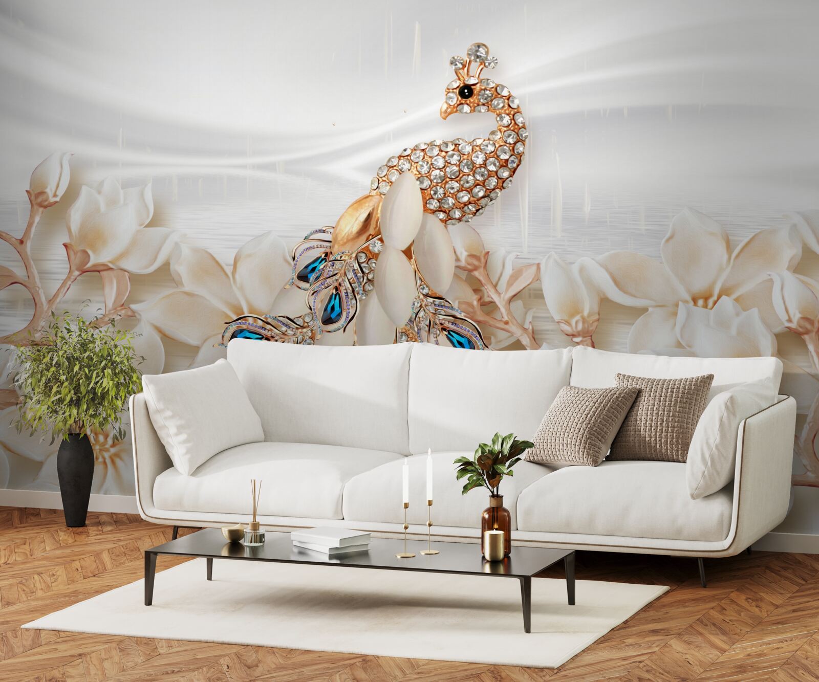 Fototapeta złoty paw na tle białych kwiatów