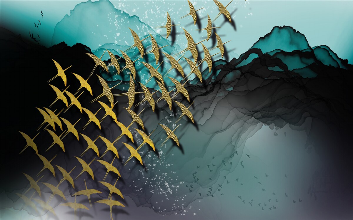 Fototapeta grupa ptaków lecących o zmierzchu