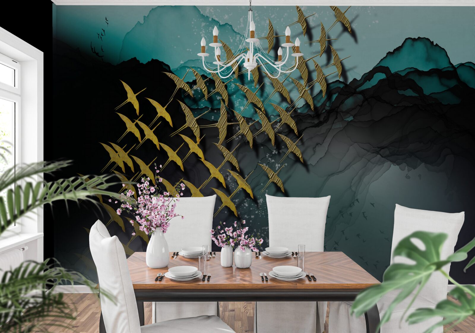 Fototapeta grupa ptaków lecących o zmierzchu