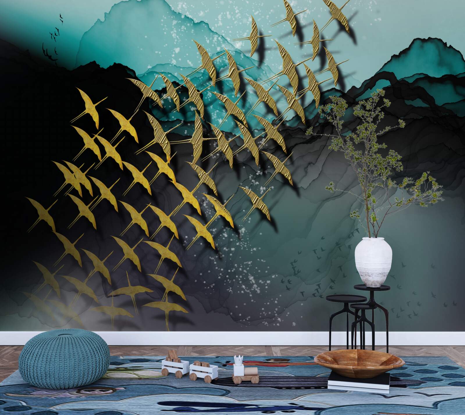 Fototapeta grupa ptaków lecących o zmierzchu