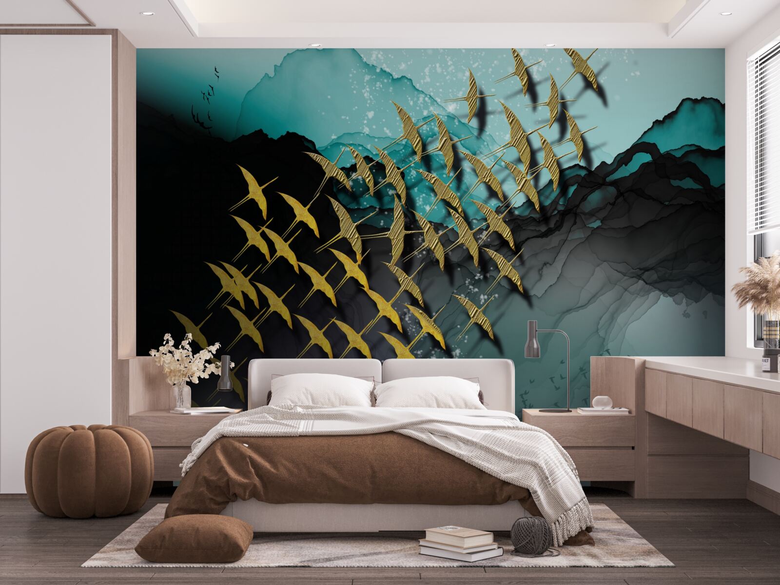 Fototapeta grupa ptaków lecących o zmierzchu